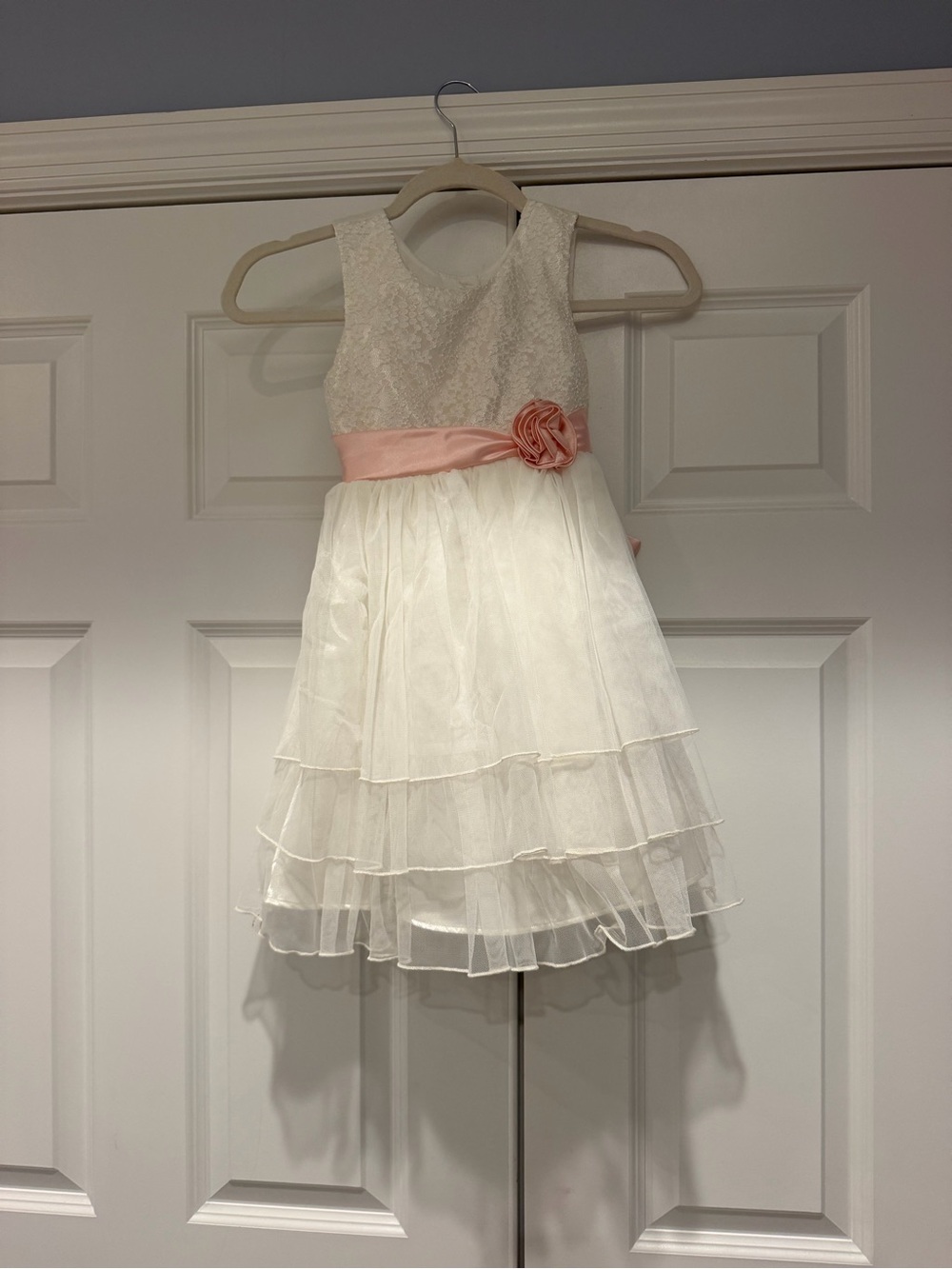 Jona Michelle White Dress with Pink Sash & Flower Accent